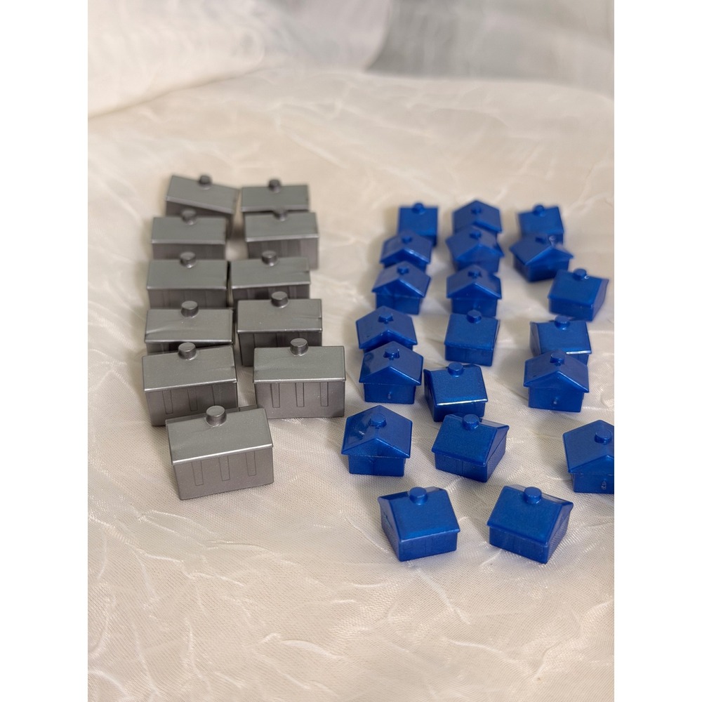 Monopoly Replacement Game Pieces 20 Metallic Blue Houses 11 Silver Hotels Set